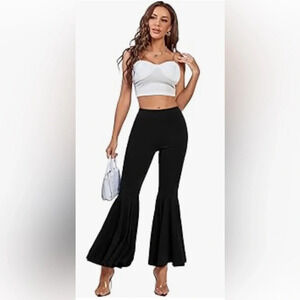 LYANER Casual High Waist Ruffle Flare Pants Wide Leg‎ Solid Stretchy Bell Bottom